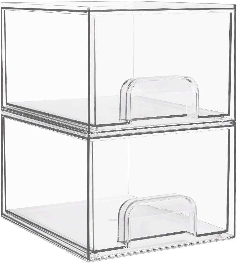 Vtopmart 2 Pack Small Clear Stackable Storage Drawers,Acrylic Bathroom Makeup Organizer,Plastic Storage Bins For Vanity, Undersink, Kitchen Cabinets, Pantry, Home Organization