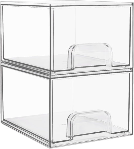 Vtopmart 2 Pack Small Clear Stackable Storage Drawers,Acrylic Bathroom Makeup Organizer,Plastic Storage Bins For Vanity, Undersink, Kitchen Cabinets, Pantry, Home Organization