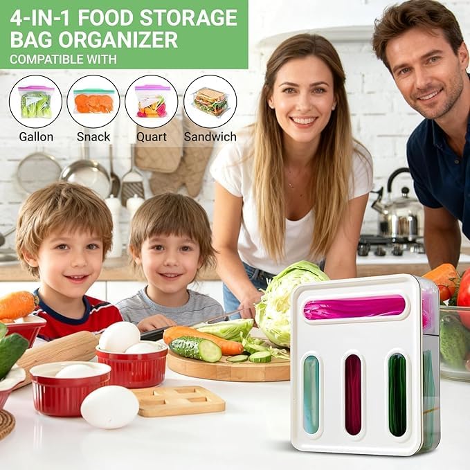 4-in-1 Food Storage Bag Organizer – Holds Gallon, Quart, Sandwich, Snack & Slider Bags – Plastic Baggie Holder for Drawer or Wall Mount – Ships from Local Warehouse