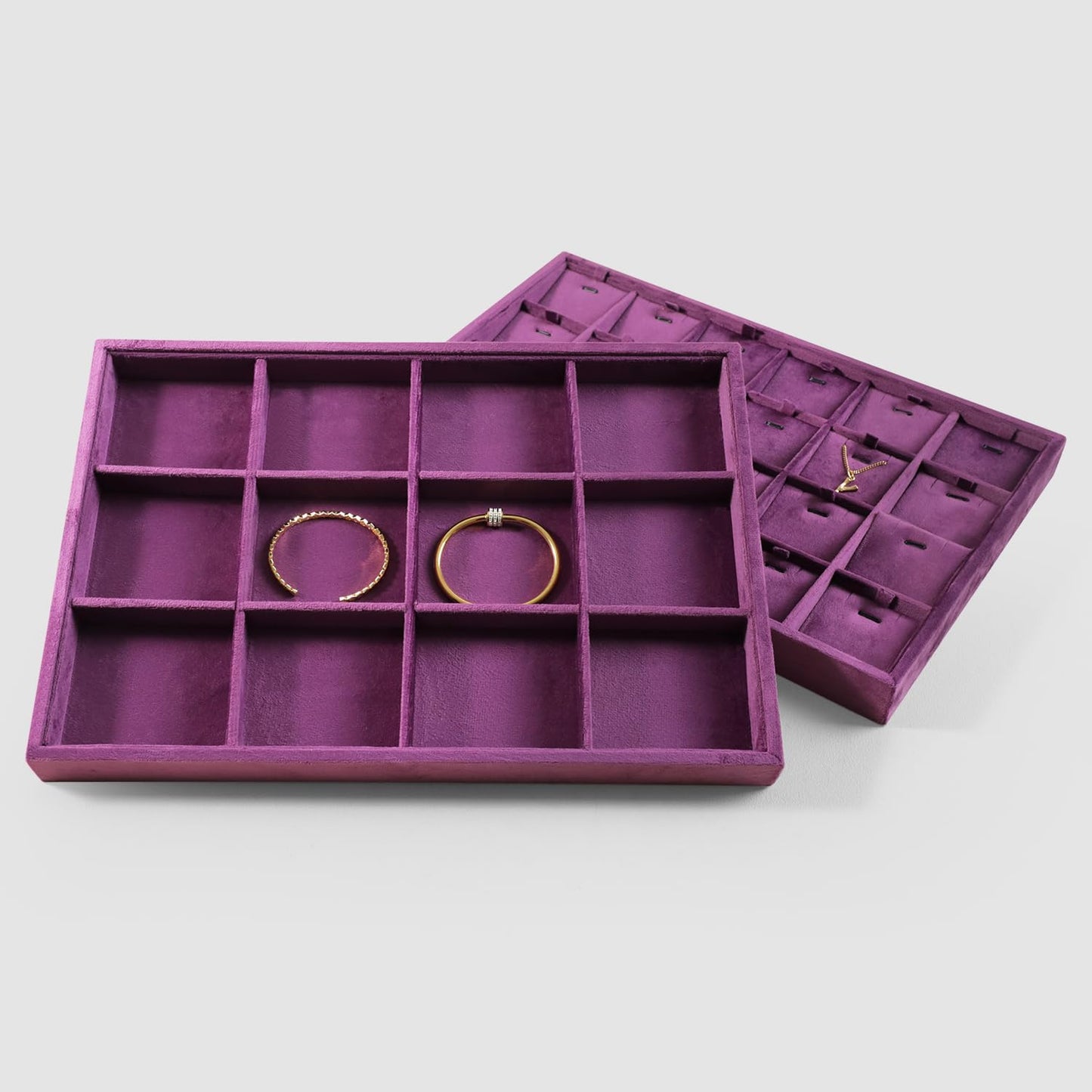 Velvet Stackable Jewelry Display Tray, 12 Grid Watch Bangle Bracelet Storage Tray, Makeup Drawer Insert Jewelry Shop Organizer Plate (Purple)