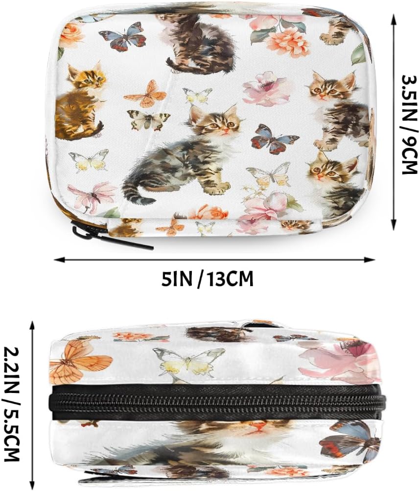 Watercolor Cute Cats Butterflies Pill Organizer Travel Medicine Case with Zipper Daily Vitamin Storage Bag Portable 8 Slot Weekly Pill Box Supplement Holder for Home Office Gym Travel