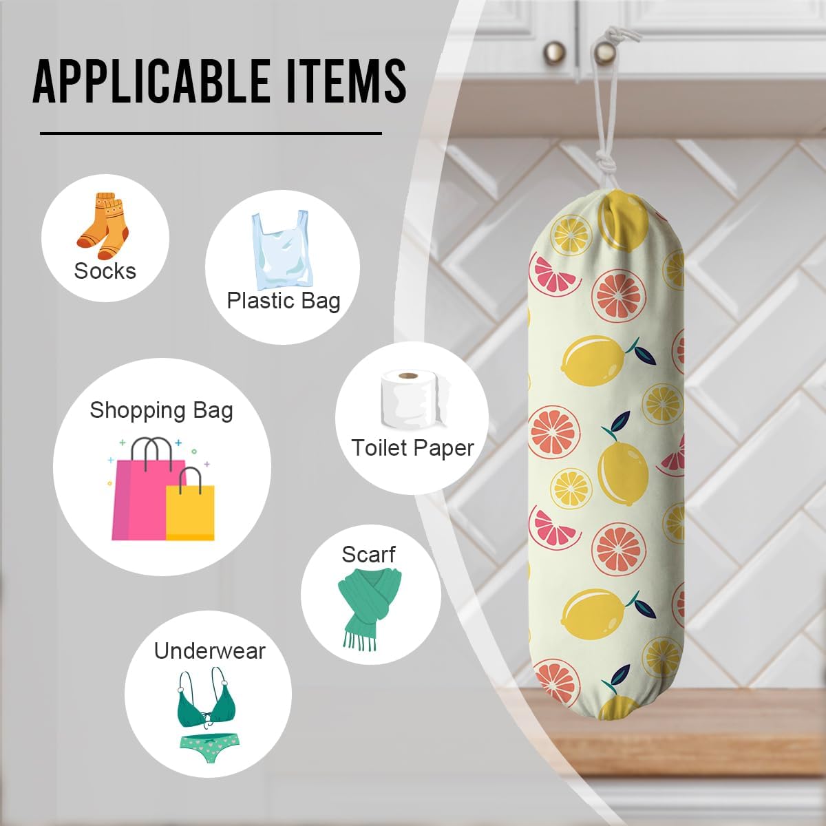 Lemons Plastic Bag Holder, Reusable Hanging Grocery Bags Holder, Pantry Organization, Summer Home Decor for Kitchen, Housewarming Gifts for Women, Kitchen Pattern Garbage Bag 63