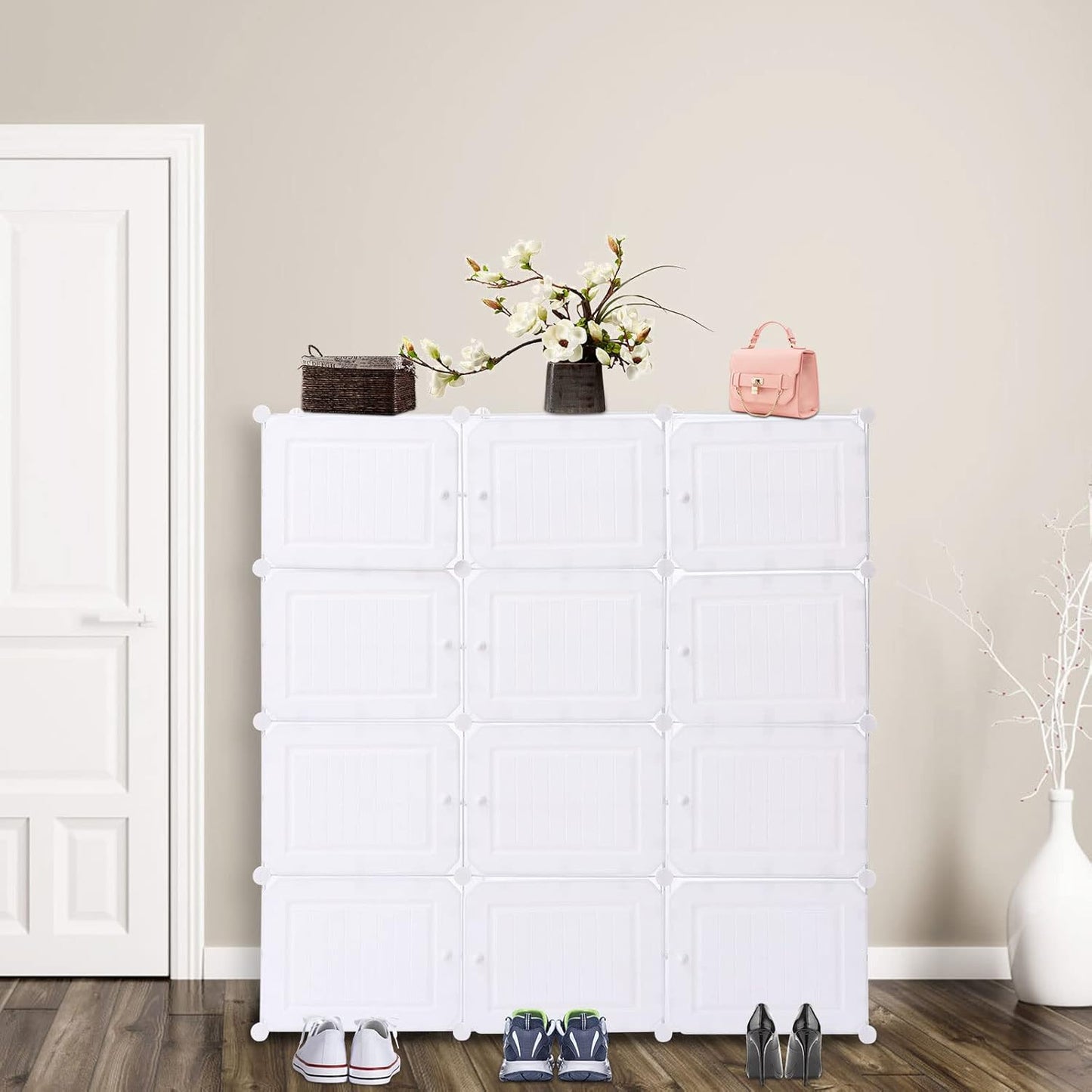 Portable Shoe Rack, 48 Pair DIY Shoe Storage Shelf Organizer, Plastic Shoe Organizers for Entryway, Adjustable Panels, Shoe Cabinet with Doors, White