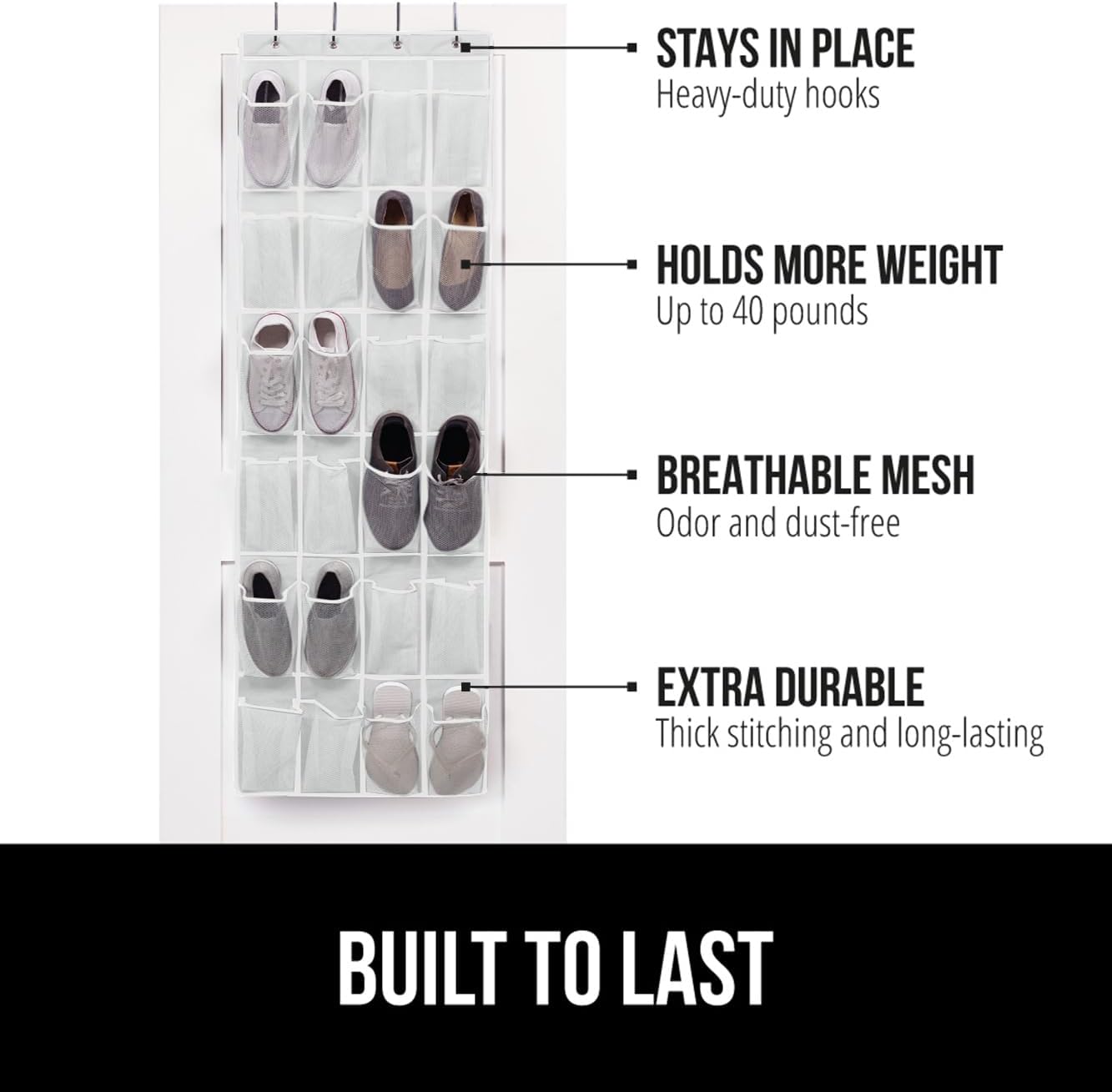 GORILLA GRIP Over the Door Shoe Organizer, 24 Extra Large Breathable Mesh Pockets, Space Saving Hanging Storage Holder, 4 Hook Closet Rack Hanger, Hangs on Closets for Shoes and Accessories, White
