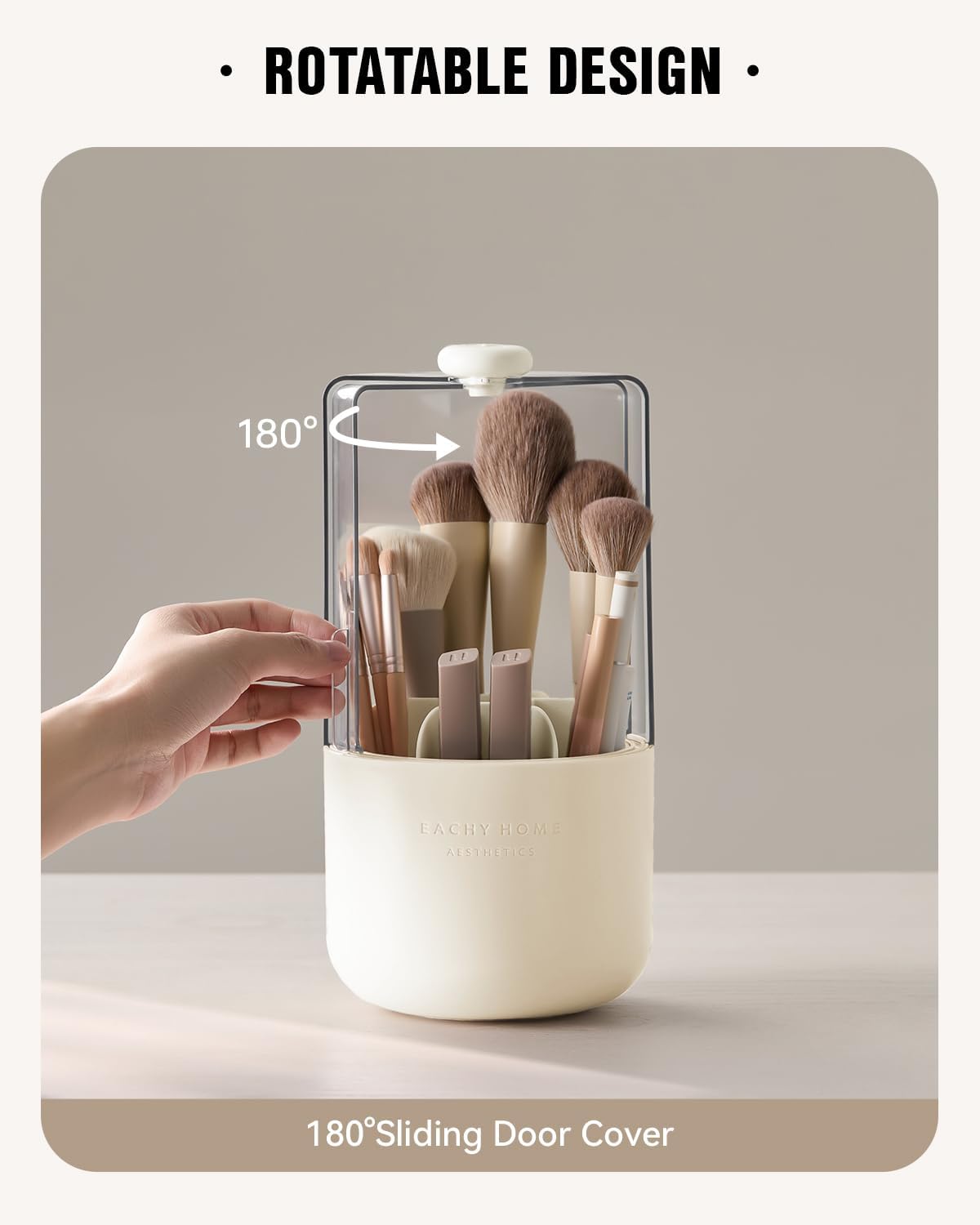EACHY Makeup Brush Holder 360° Rotating with Dustproof Lid, Waterproof Material, 7 Compartments for Organized Storage, Stylish and Durable Design for Vanity (Beige)