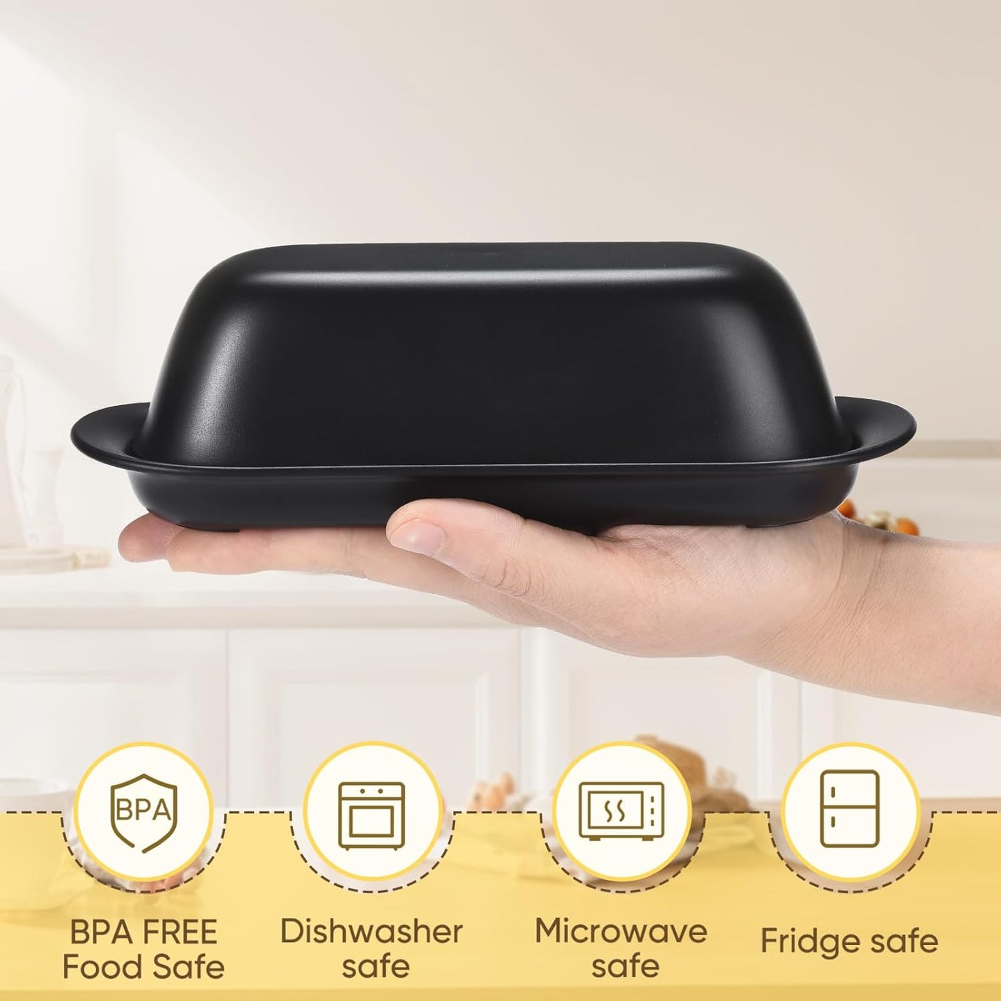 Butter Dish with Lid, Butter Keeper for Countertop, Airtight Butter Dish, Plastic Butter Keeper Tray for West/ East Coast Butter, Dishwasher Safe(Black)