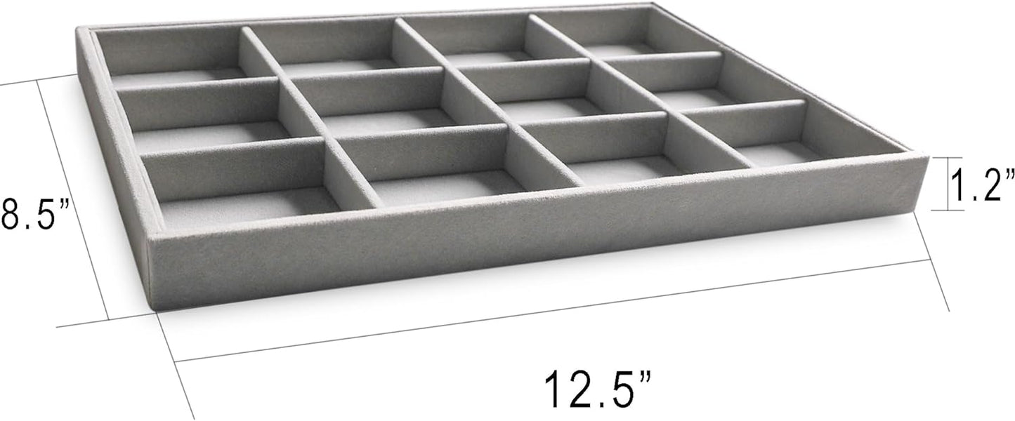 Frebeauty Stackable Velvet Jewelry Organizer Trays for Drawers Inserts Jewelry Storage Tray Display Case, Stud Earrings Bracelets Necklace Rings Trays for Women Girls(Set of 2)(Grey)
