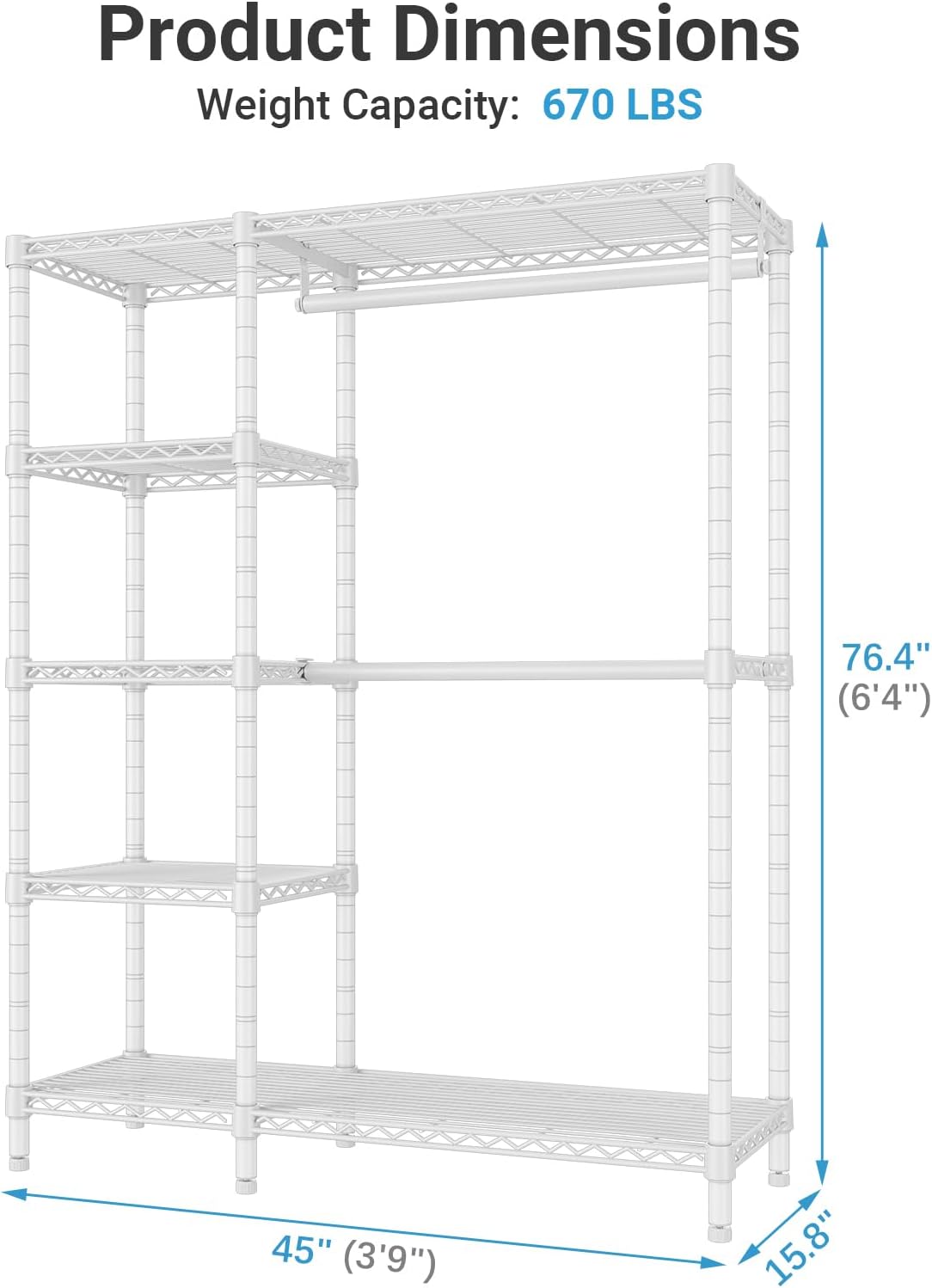 VIPEK V7 Garment Racks for Hanging Clothes Heavy Duty Clothes Rack with Shelves, Portable Closet Rack Metal Clothing Racks 5 Tiers Freestanding Closet Wardrobe System, Max Load 670lbs, White