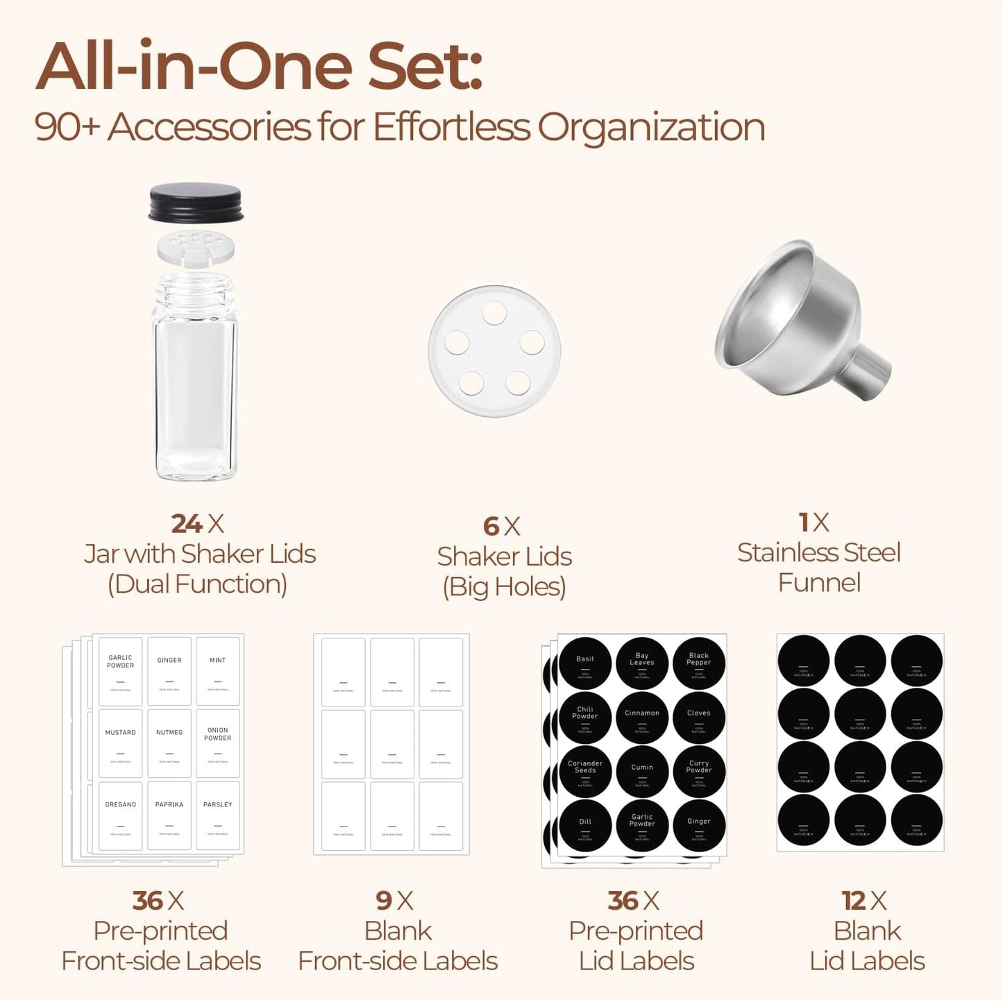 ComSaf Glass Spice Jars with Label, 24Pcs 4oz, 93 Labels, a Metal Funnel, Extra Shaker Lids, Empty Spice Containers and Square Spice Bottles for Kitchen and Seasoning