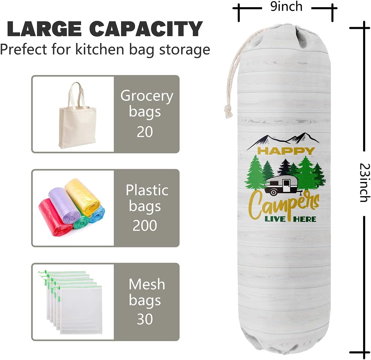 Happy Campers Grocery Bags Holder Organizer, Wall Mount Plastic Bags Storage Container Dispenser, Gift For Family And Friends