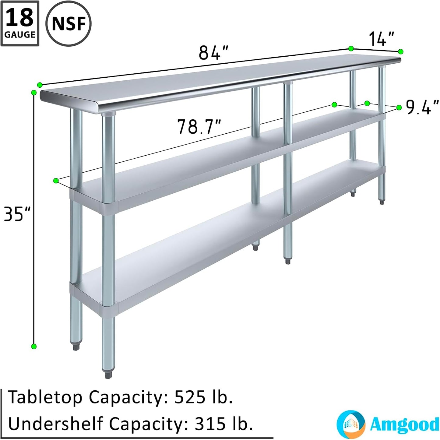 AmGood Stainless Steel Work Table with 2 Shelves | NSF | Metal Utility Table (84" Long x 14" Deep)