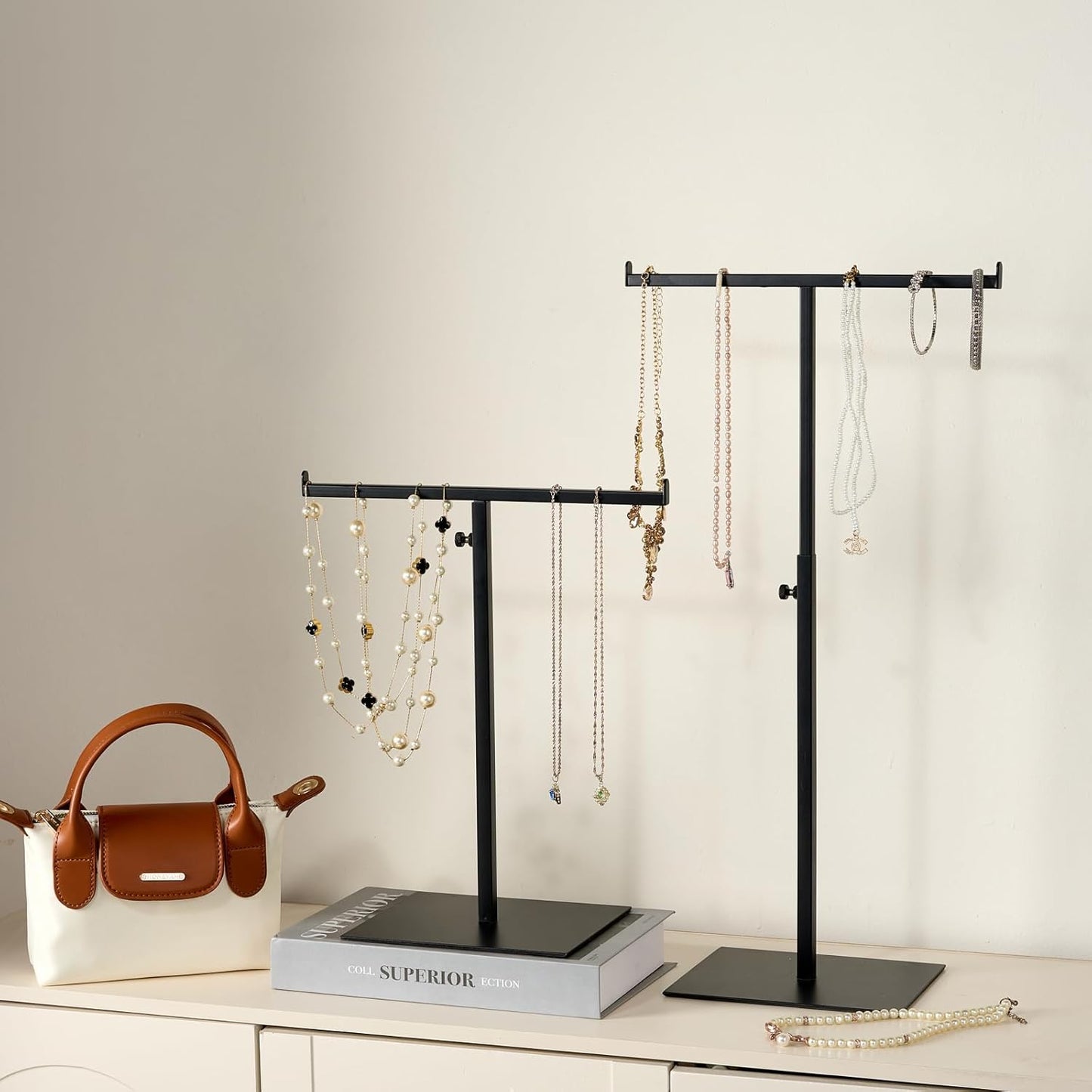 Display Stand Stainless Steel Jewelry Towers Bag Stand Tabletop Double Hook Hanging Jewelry Stands for Necklaces Organizer Stand Adjustable Height Home Store Boutique, Black