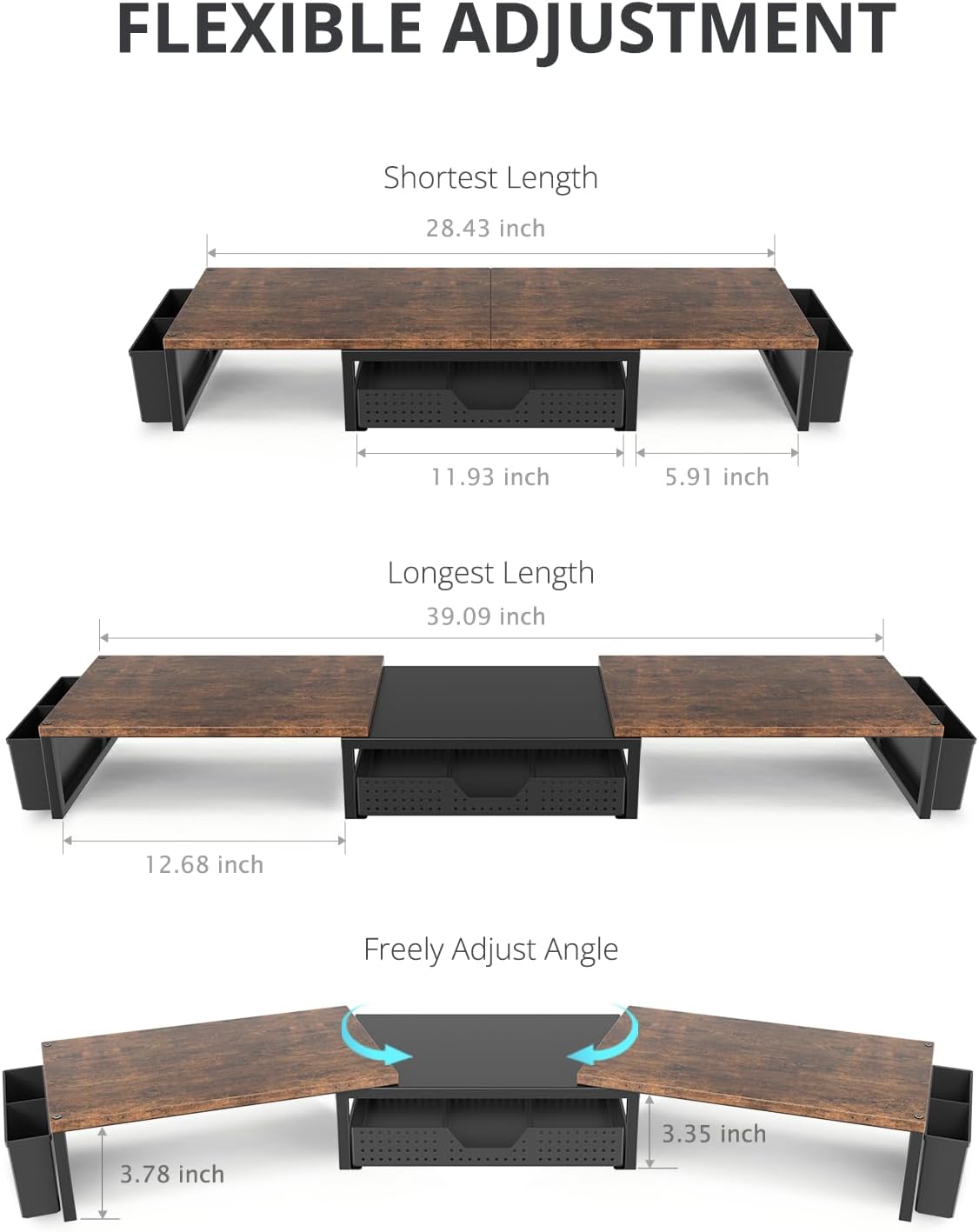 OPNICE Wood Desk Organizers and Accessories, Dual Monitor Stand Riser with Drawer and 2 Pen Holders, Desk Shelf Computer Racks for Office Workspace Organizers, Desktop Organization (Rustic Brown)