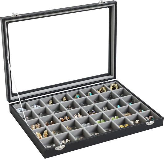 Stratalife Jewelry Organizer 40 Grid Gray Black Jewelry Tray with Clear Dust-proof Lid Velvet Earring Organizer Necklace Rings Holder Display Drawer Storage Case for Women