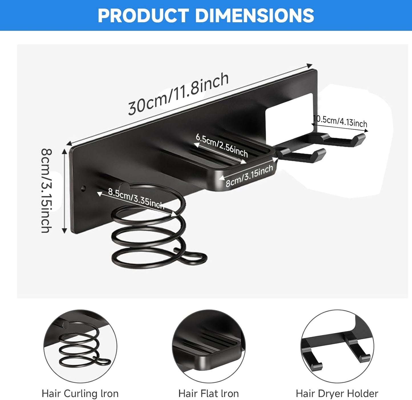 Hair Dryer Holder Wall Mounted,Blow Dryer, Curling Iron, Straightener Holder 3 in 1 Bathroom Metal Hair Tool Organizer Rack-BLACK-2