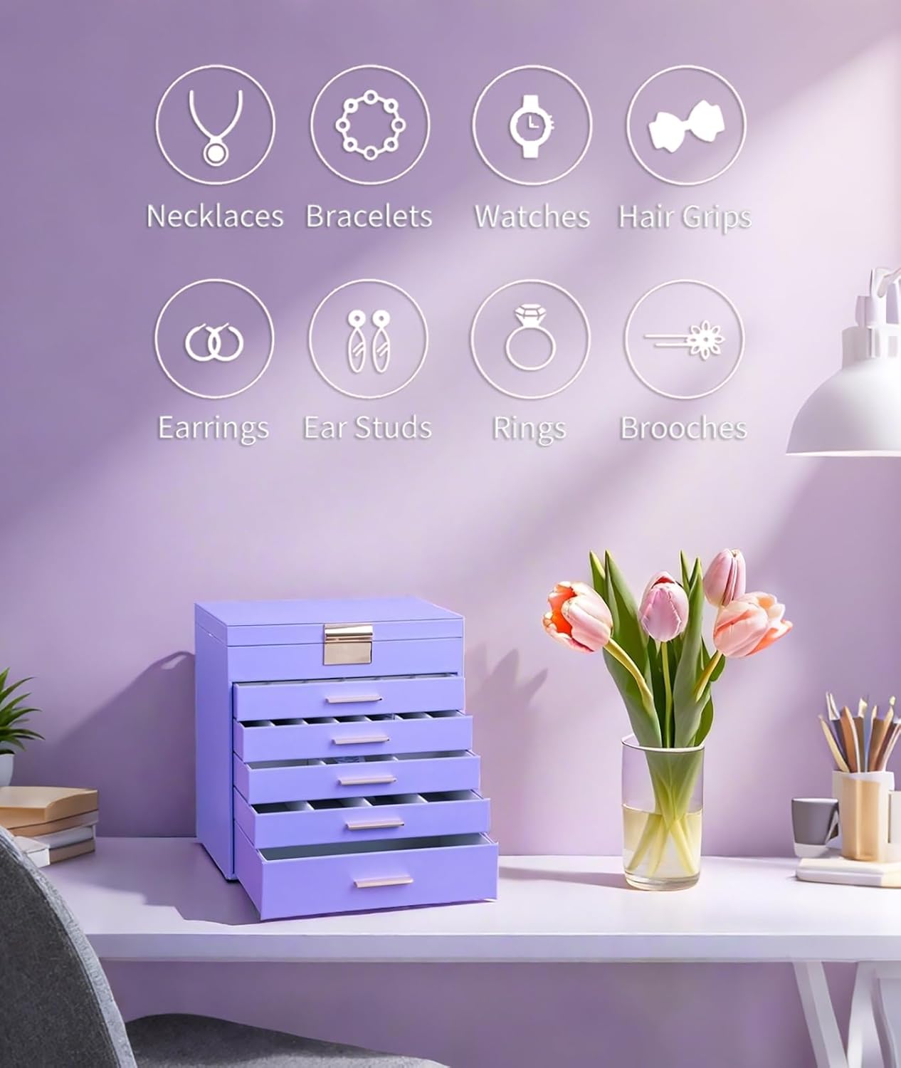 BOOVO Jewelry Box with Necklace Hanger – 6 layer Jewelry Organizer for Women with 5 Drawers, Large Jewelry Storage Boxes –Jewelry Organizers and Storage for Earrings, Necklaces (Purple, 6 layer)