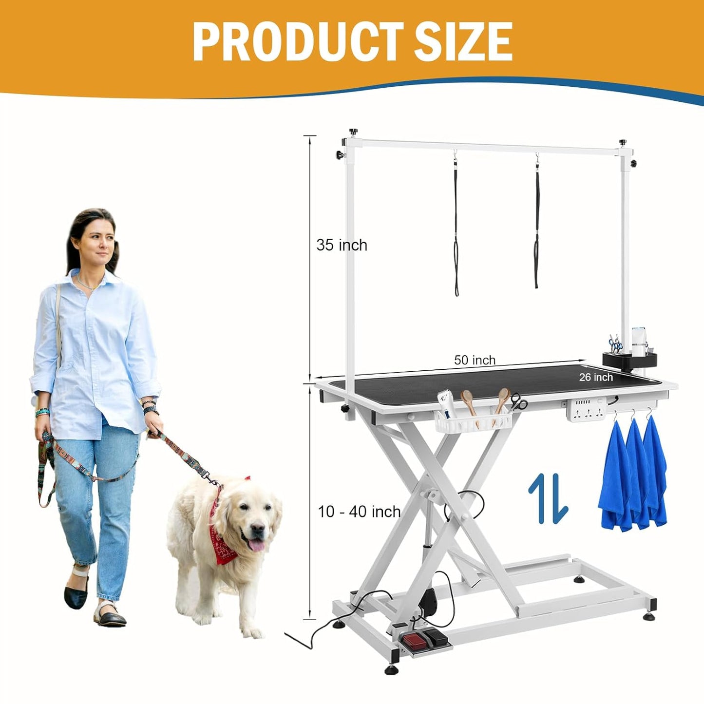 Electric Dog Grooming Table 50" with Foot-operated, Professional Heavy Duty Pet Grooming Table for Dogs at Home, Aluminium Adjustable Overhead Arm & Tool Organizer, Large Pet Grooming Station