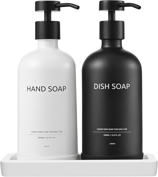 Glass Kitchen Soap Dispenser Set with Ceramic Tray,16.9 floz Hand and Dish Soap Dispenser for Kitchen and Bathroom Decor (White Bottles+Black Bottles)