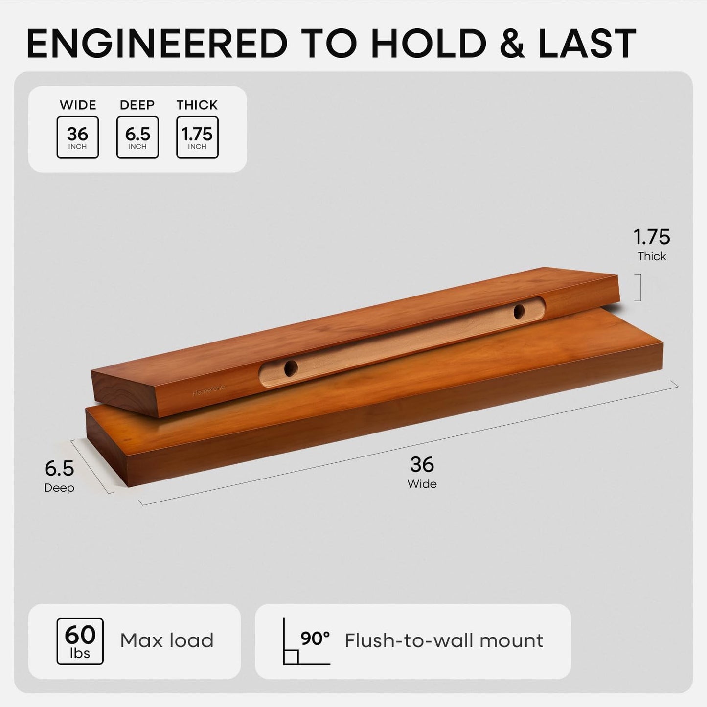 Homeforia Oak Floating Shelves 36 inches Long, High End Solid Real Wood 36 inch Floating Shelf for Room Wall, Honey Oak Wooden 36inch Kitchen Shelves, Heavy Duty Bracket, 36 X 6.5 X 1.75 in, Set of 4