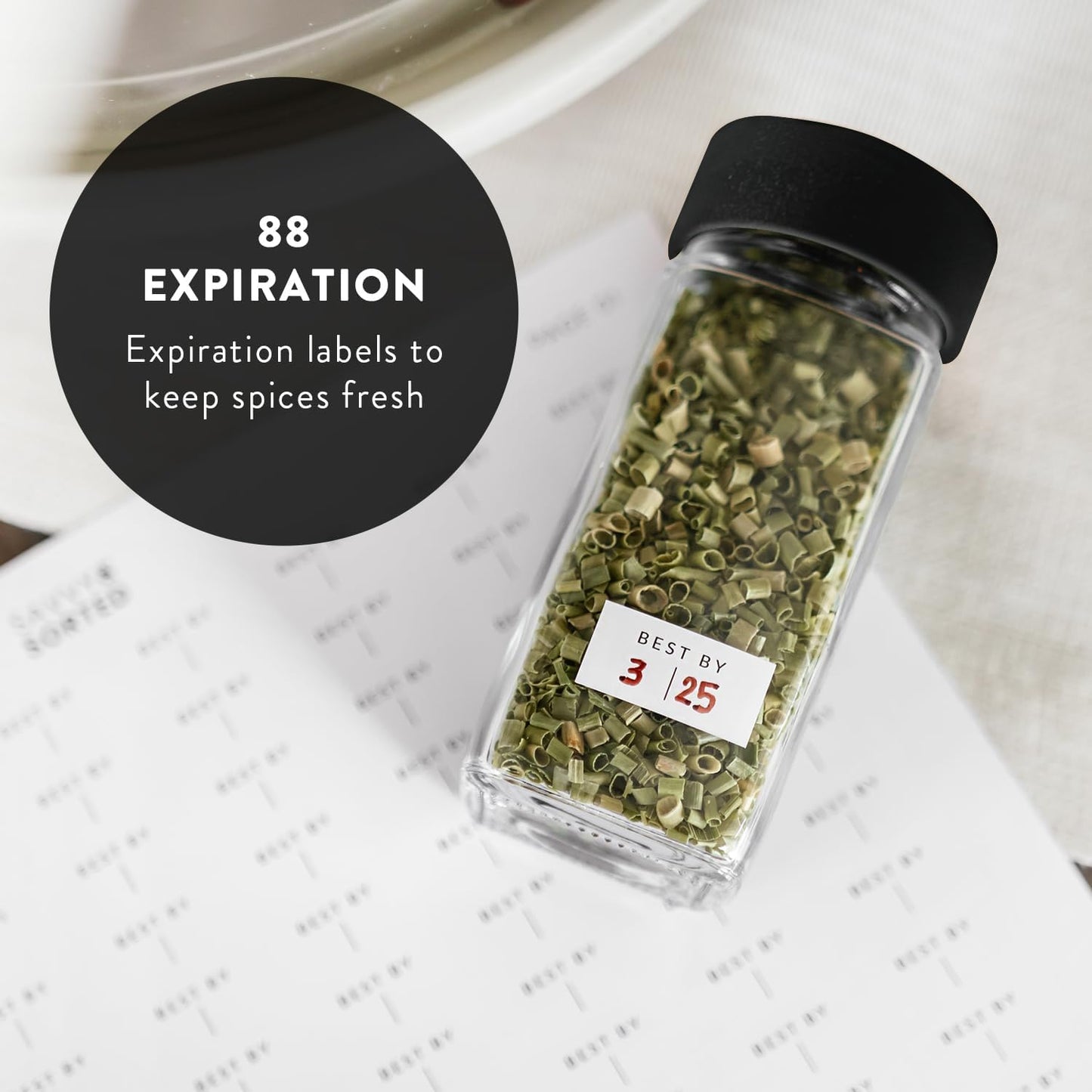 SAVVY & SORTED Glass Spice Jars with Label 24 PK - 4 Oz Spice Containers with 374 Minimalist Labels Stickers, Pepper Grinder Funnel Shaker Lids, Empty Square Seasoning Rack Organizer