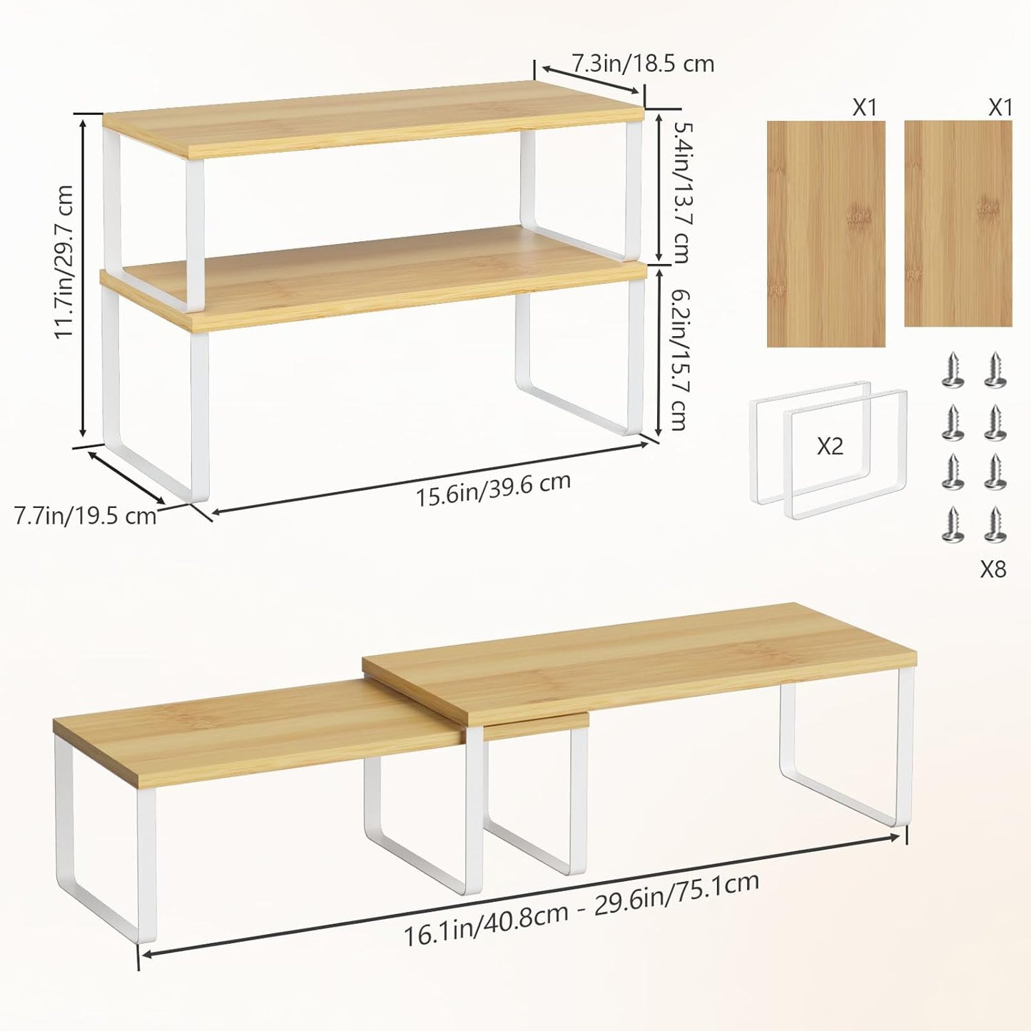 NEX Bamboo Cabinet Organizer Shelf, Set of 2 Kitchen Counter Shelves, Spice Rack, Stackable Kitchen Shelves Organizer, Pantry Cupboard Dish Mug Cup Storage Shelf, White and Natural