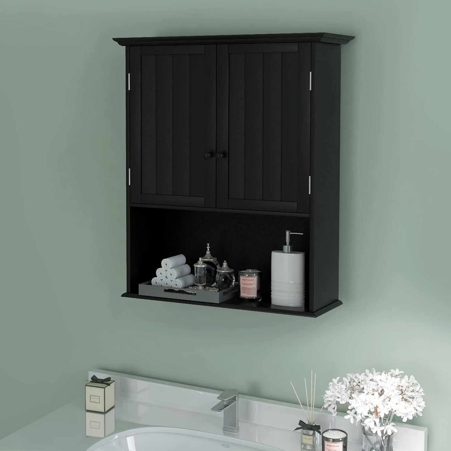 Tangkula Wall Mount Bathroom Cabinet Wooden Medicine Cabinet Storage Organizer with 2-Doors and 1-Shelf Cottage Collection Wall Cabinet (Black)