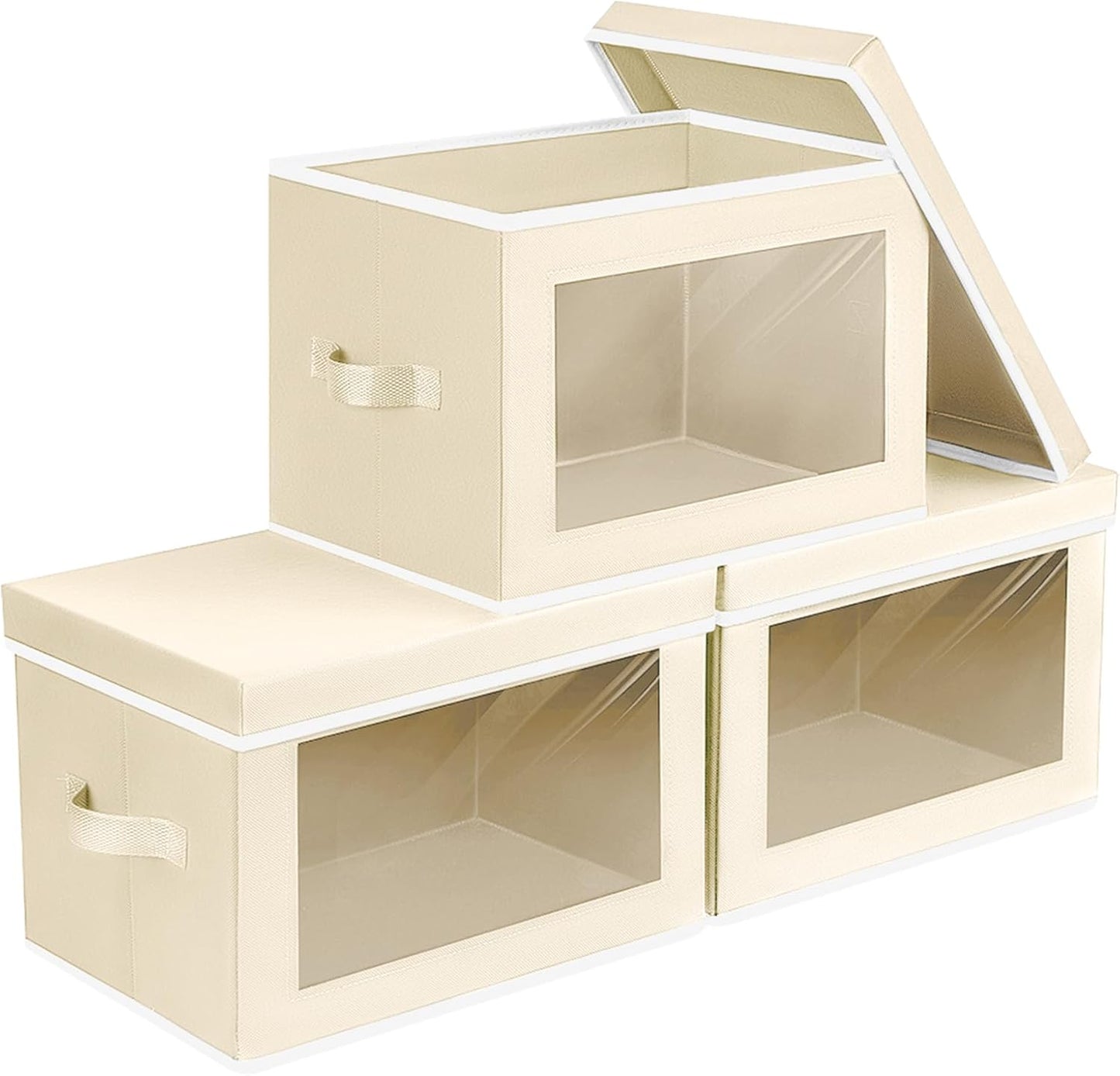 Fabric Storage Bins with Lids, Storage Cubes with Window, Decorative Storage Boxes Baskets for Organizing, Closet Organizer Storage Bins for Home, Office, 3 Packs, Beige