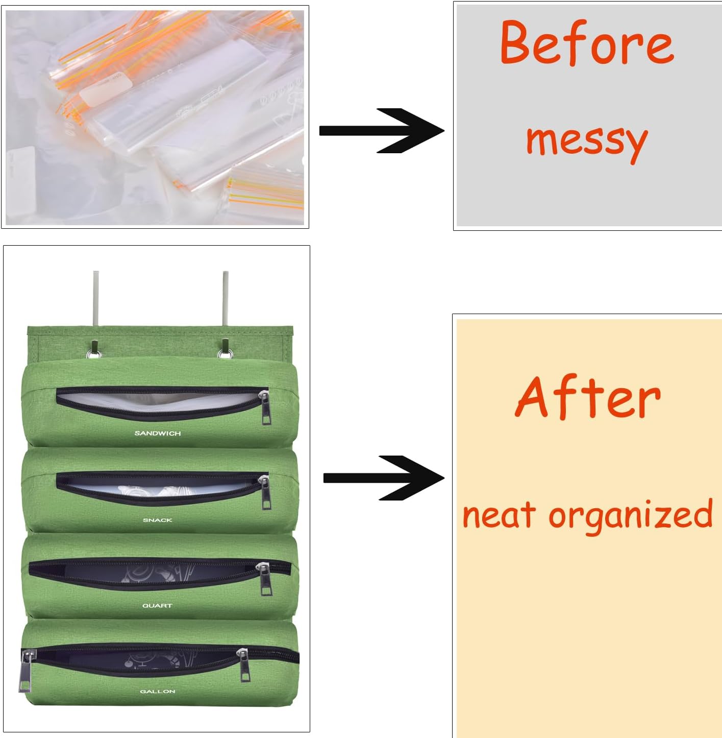 Zipper Bag Organizer Compatible with Gallon, Quart, Sandwich & Snack Food Storage Bag, Kitchen Plastic Bag Storage Organizer for Kitchen RV Camper