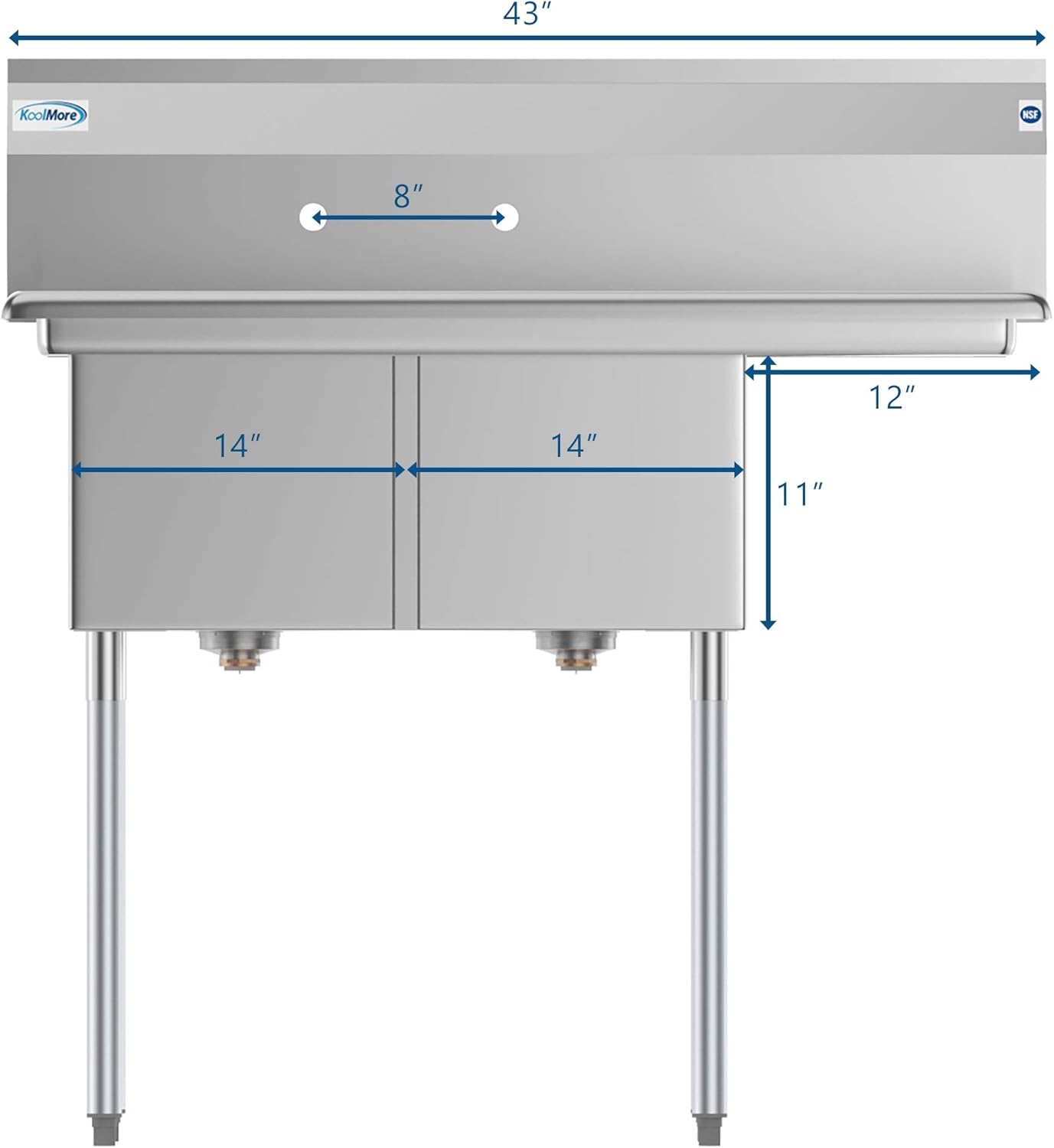 KoolMore 2 Compartment Stainless Steel NSF Commercial Kitchen Prep & Utility Sink with Drainboard - Bowl Size 14" x 16" x 11", Silver