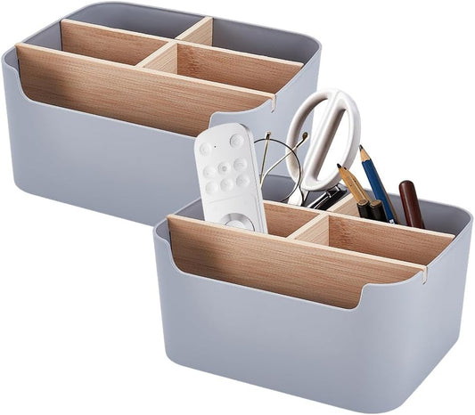 2 Pack Gray Desk Storage Organizer, Desk Organizers and Remote Control Caddy Holder Desktop Pen Pencil Holder Container Box for Bedside Nightstand Desktop Coffee Table Office Supplies