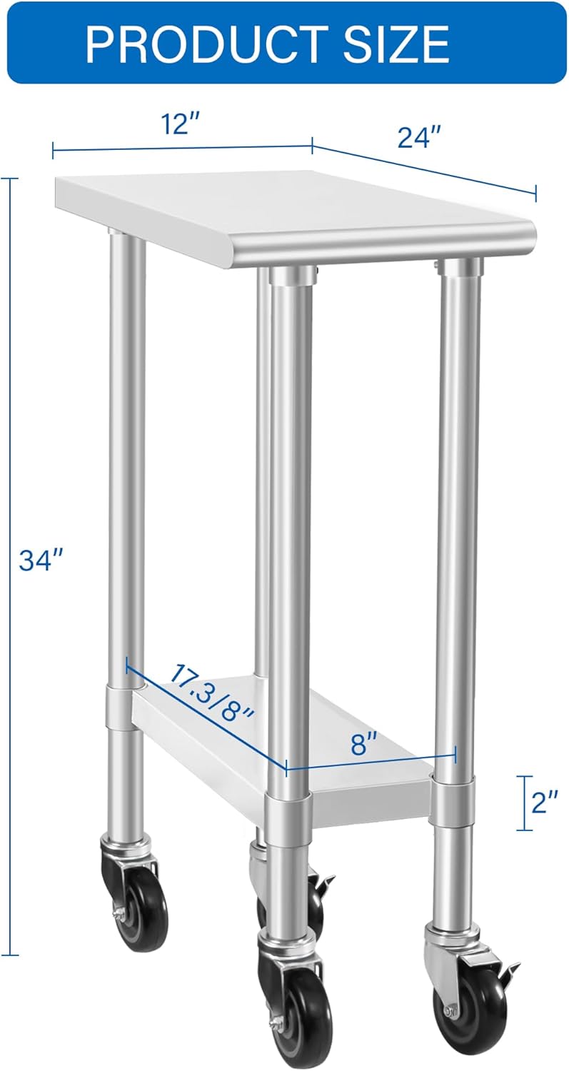 HARDURA Stainless Steel Commercial Table Prep & Work Table with Casters Heavy Duty Metal Table with Wheels NSF 430 24×12 Inches