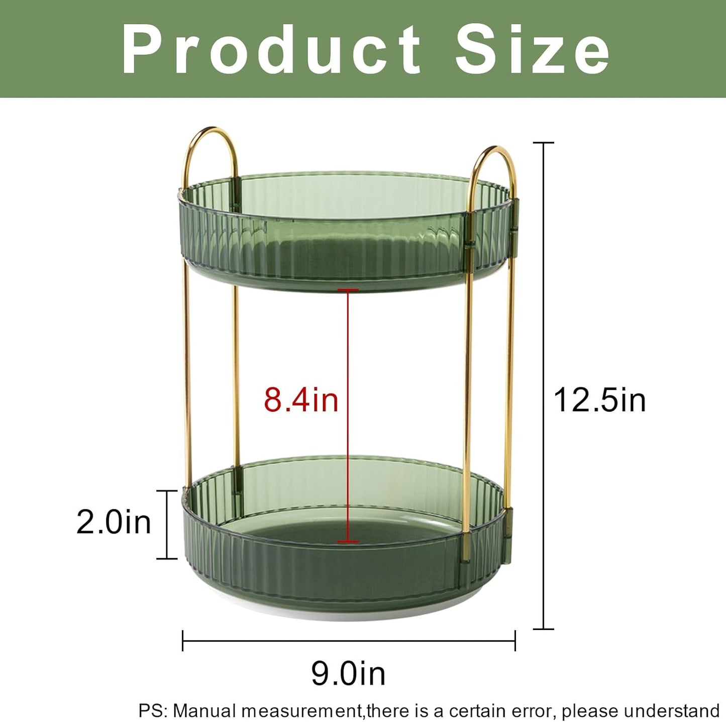 360° Rotating Makeup Organizer, Bathroom Make Up Spinning Holder Rack, Large Capacity Cosmetics Storage Vanity Shelf Countertop, Fits Cosmetics, Perfume, Skincare, Lipsticks(2 Tiers, Green)