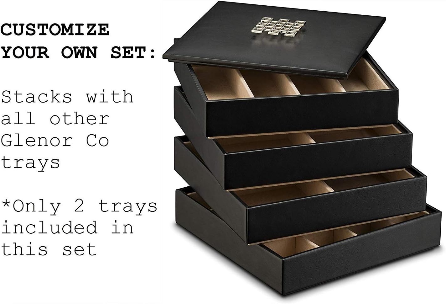 Glenor Co Jewelry Organizer Tray - Set of 2 - Stackable 6 Slots Jewelry Storage Trays - Display on Dresser or Drawer - Compatible with Other Trays - Black