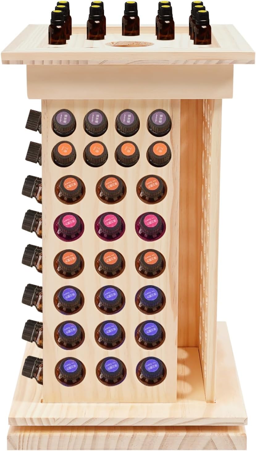 125-Slot Wooden Essential Oil Display Rack, Rotating 360° Organizer for 0.5oz/0.17oz Bottles, Lipsticks, Nail Polish, Vertical Space-Saving Countertop Holder for Home, Spa, Salon, 9.25*16.14in