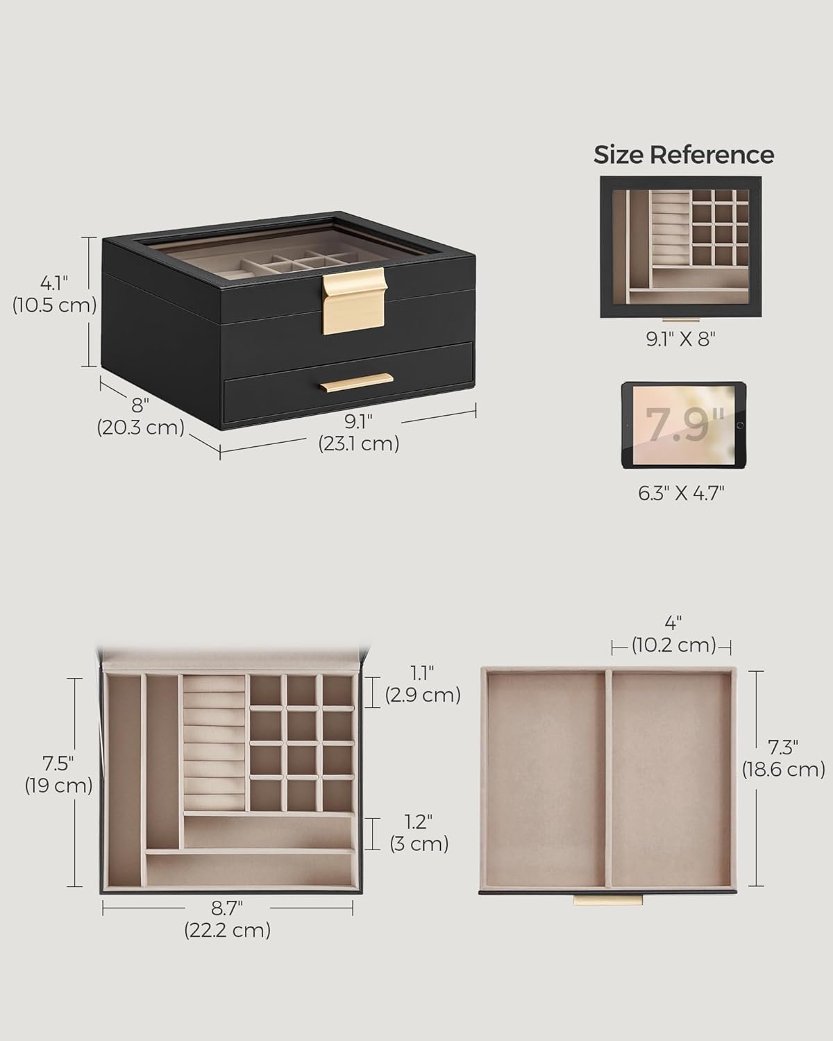 SONGMICS Jewelry Box Organizer with Glass Lid, 2-Layer Jewelry Storage, with 1 Drawer, Modern Style,Christmas Gift, 8 x 9.1 x 4.1 Inches, Graphite Black and Gold Color UJBC174B01