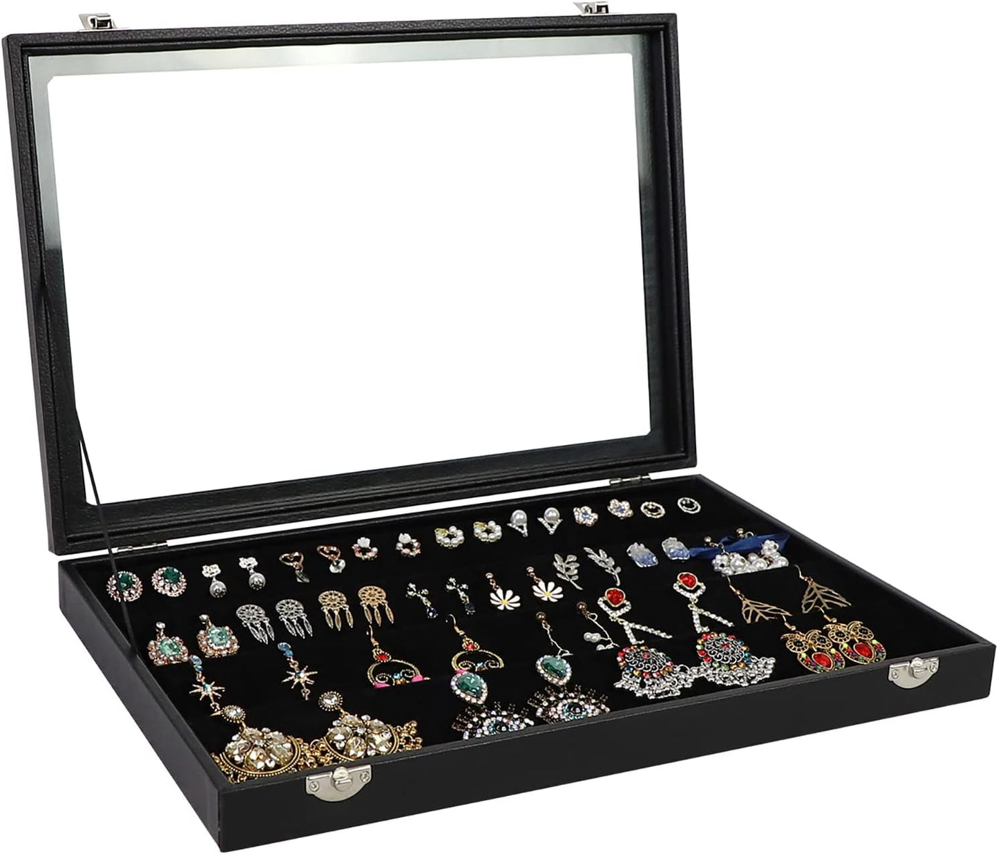 Wudygirl 32 Pairs Jewelry Organizer Velvet Jewelry Tray Clear Lid Earring HolderOrganizer Jewelry Box Earrings Holder Display Case Stackable（Earring Storage）