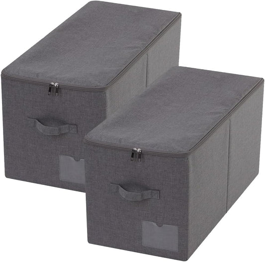 Pack of 2, Folding Clothing Wardrobe Storage Bins with Dust-proof Lid, Large 60L Storage Baskets for Bedroom Closet, Wardrobe Organizer, Such as Sweaters, Down Jackets, Blankets, Black Gray