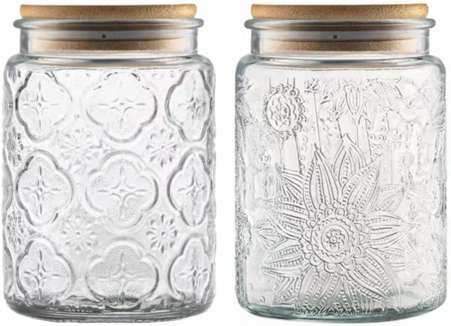 ANSQU Vintage Glass Jars Set Canister Airtight Storage Jar Container with Bamboo Wooden Lids for Kitchen Counter, Pantry, Coffee, Tea, Sugar, Cute Jar, 2 Pack 23.7 FL OZ (Begonia & Sunflower)
