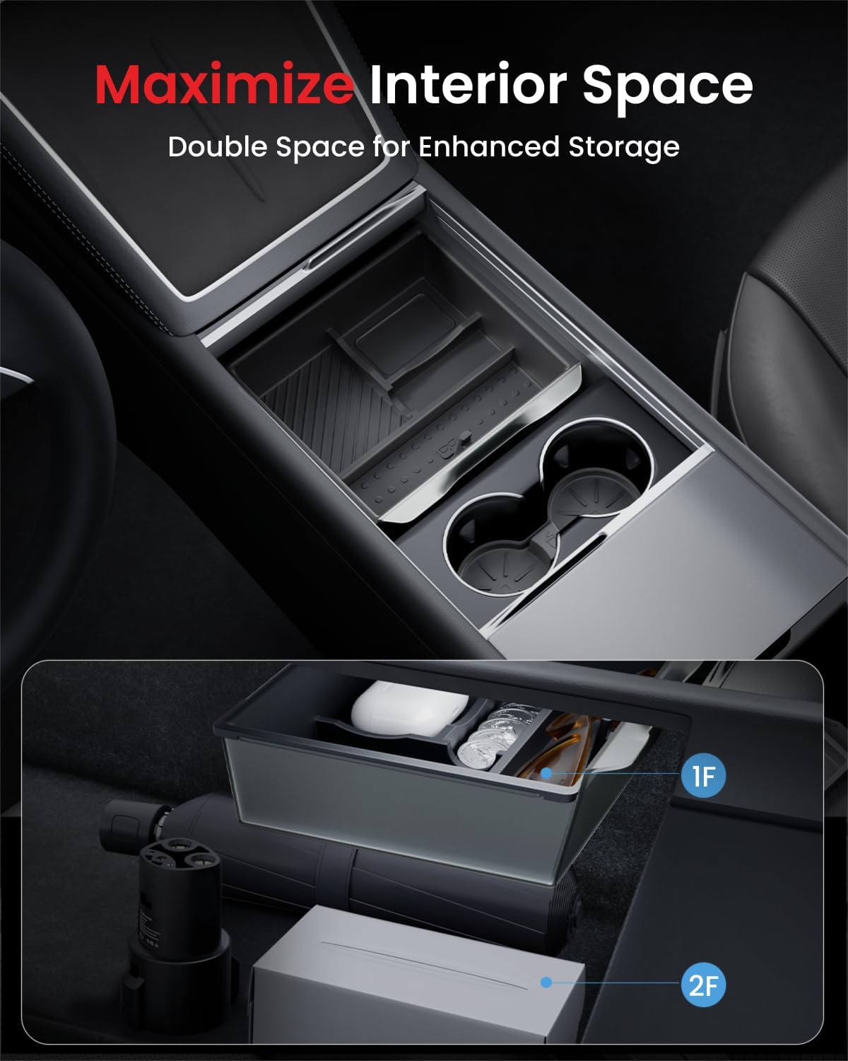 REEVAA 2026 Tesla New Model Y Juniper Accessories - Center Console Organizer [Maximized Space | OEM Fit & Noise-Free] 2-Layer Material, Fit for Model Y 2025-2026, 4PCS, Black