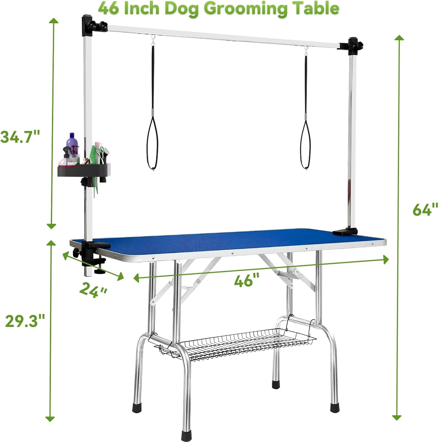 46" Large Dog Grooming Table, Non-Slip Tabletop with Adjustable Armrests, Lasso, Tool Organizer, Grid Tray, Foldable Home Pet Station, Maximum Weight Capacity 330 lbs,Blue