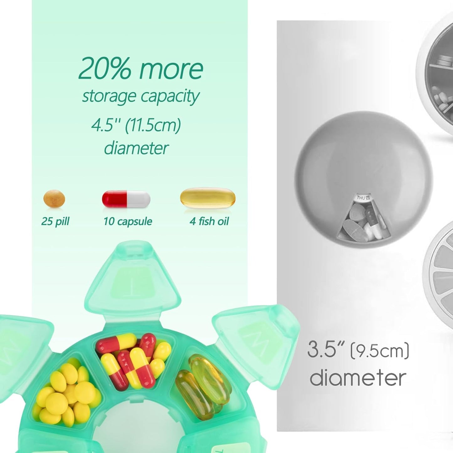 Round Weekly Pill Organizer, TPU Rubberized, Travel Pill Container 7 Day, with 7 Large Compartments, Great for Daily Vitamins & Supplements, Cute Pill Case with Large Letters and Braille (Green)