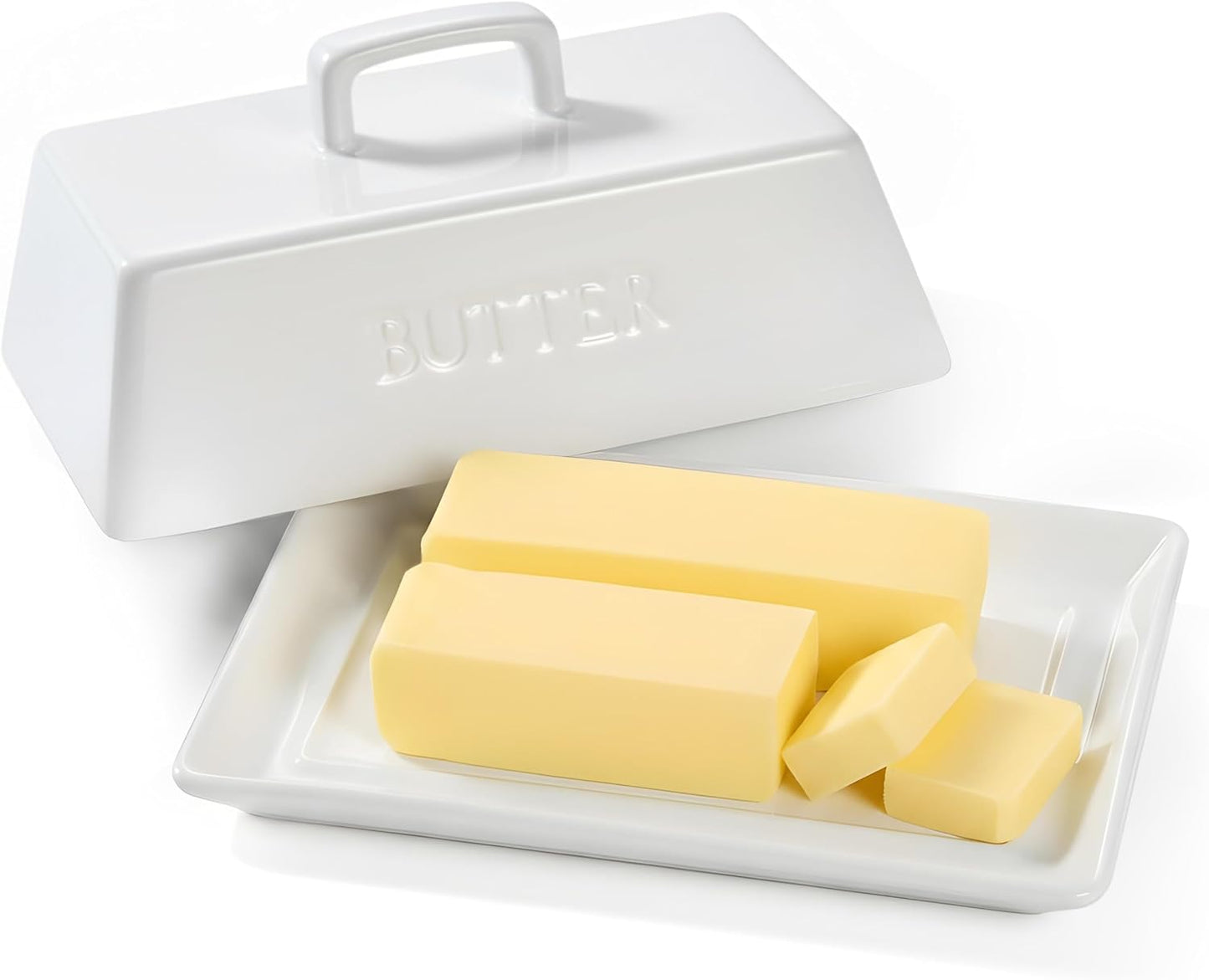 Kook Ceramic Extra Large Butter Dish with Lid, Holds 2 Sticks, Fits East Coast , West Coast, European style and Kerrygold butter, Kitchen Countertop Butter Keeper, Serving Tray with Cover, White