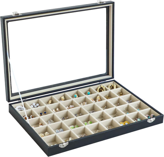 Stratalife Jewelry Organizer 40 Grid Beige Black Jewelry Tray with Clear Dust-proof Lid Velvet Earring Organizer Necklace Rings Holder Display Drawer Storage Case for Women