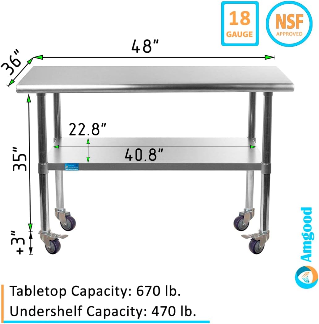 AmGood 48" Long x 36" Deep Stainless Steel Table with Casters
