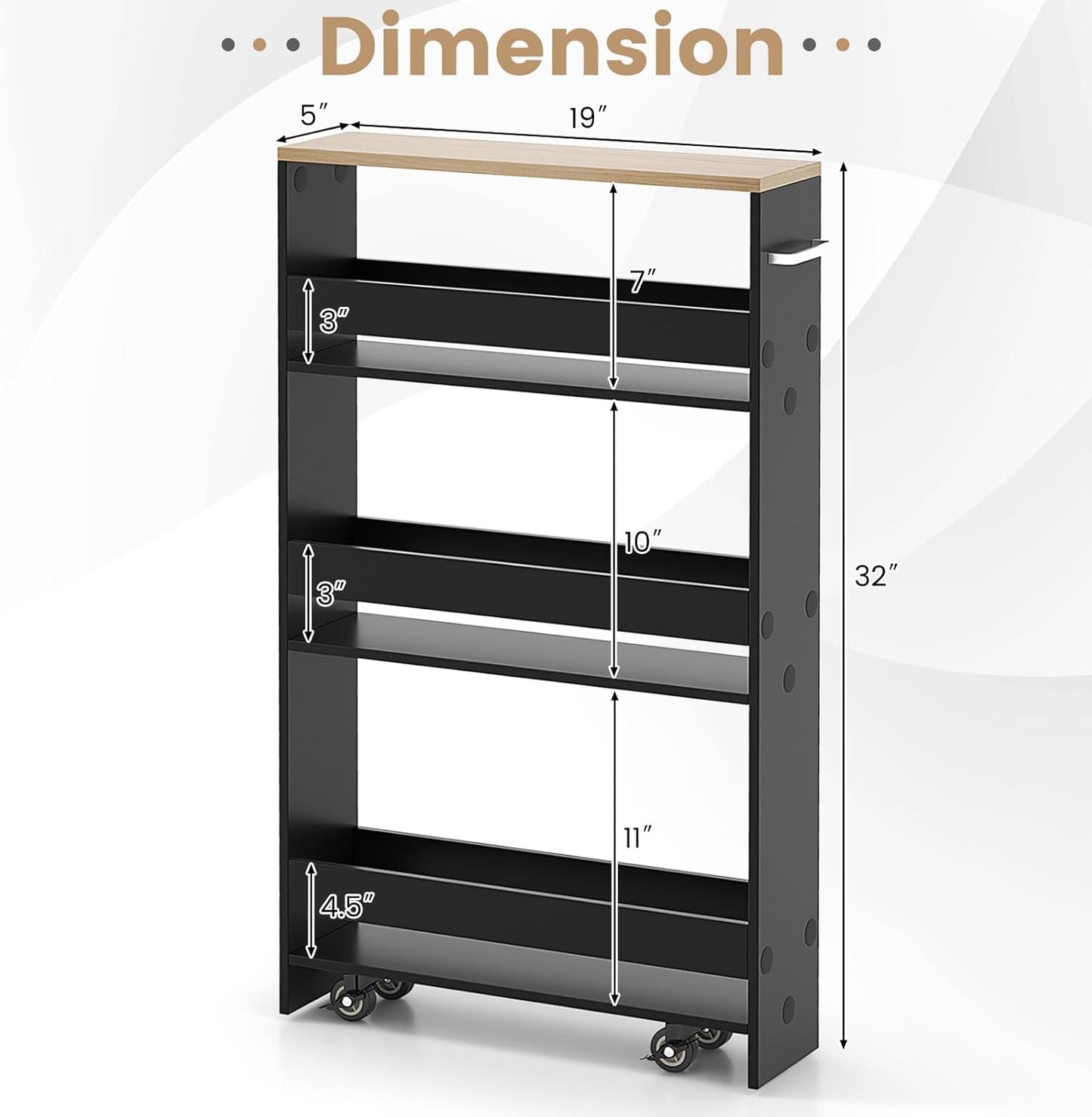 Slim Rolling Storage Cart, 4 Tier Narrow Kitchen Cart with Wheels, Between Washer and Dryer Cart, Wood Shelving Unit Organizer w/Handle for Small Spaces (Black, 5-Inch)