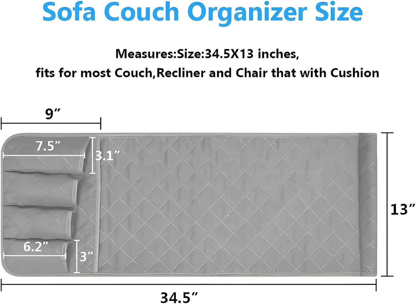 Sofa Armrest Organizer Non-Slip Arm Chair Bedside Storage Caddy Organizer Armchair Caddy for Recliner Couch Remote Holder with 5 Pockets for Cell Phone TV Remote Control Magazines(Grey)