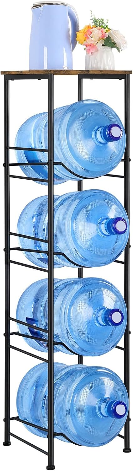 ETELI 5 Gallon Water Bottle Holder Organizer 4 Tier Water Cooler Jug Rack with Storage Shelves Water Bottle Dispenser Stand for Kitchen Living Room Office, Black and Brown