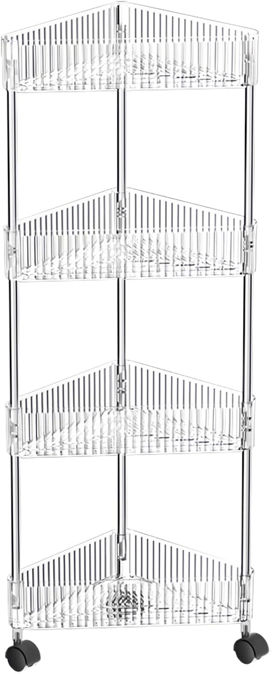 4 Tier Triangle Acrylic Rolling Storage Cart, Barhroom Corner Shelf, Slim Rolling Storage Cart for Bathroom,Living Room, Kithcen, Office Storage and Organization (Clear)
