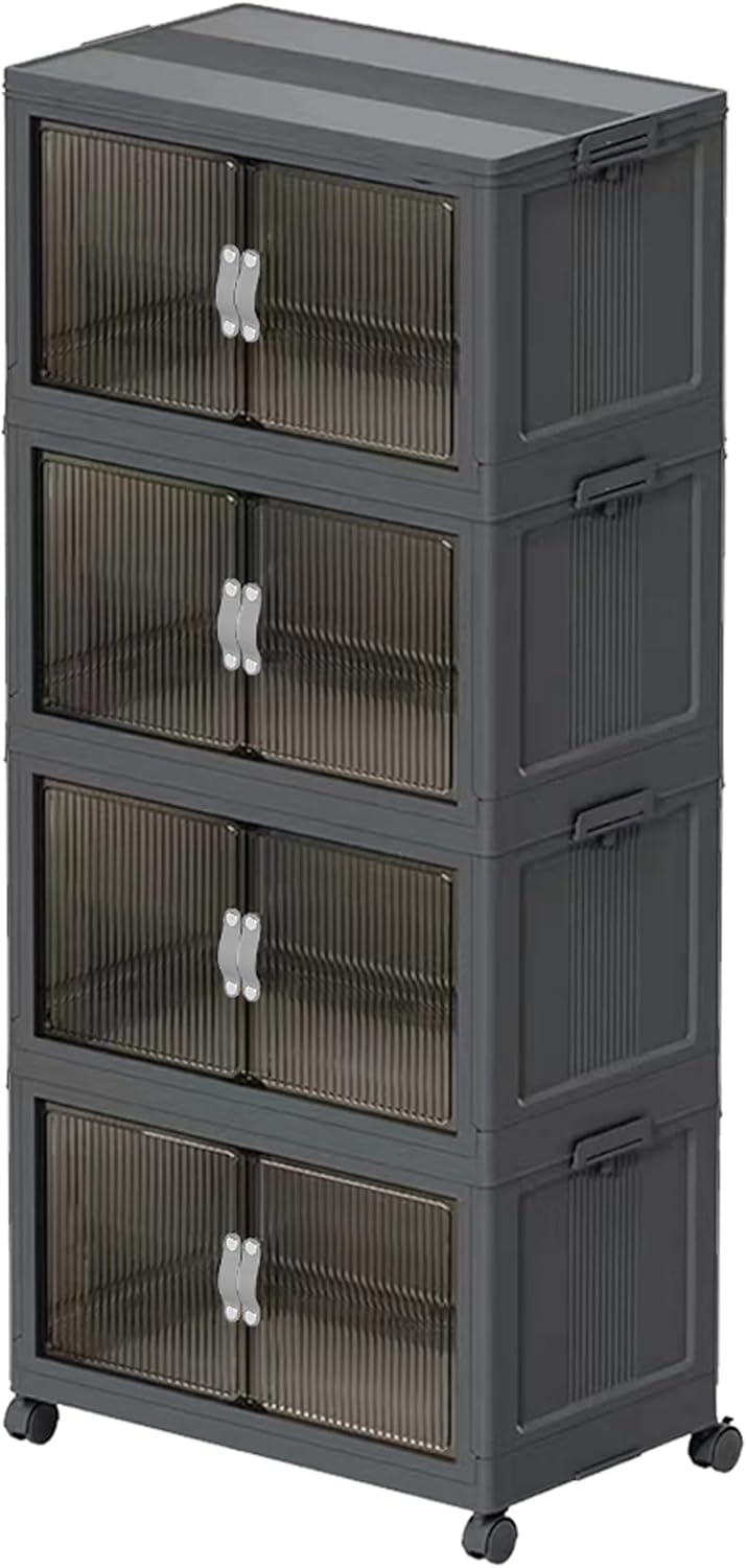 Stackable Storage Bins with Lid & Wheel, Folding Storage Cabinet with Door, Large Foldable Containers Plastic Collapsible Storage Boxes for Home, Pantry, Office (M, Gray 4-Tier)