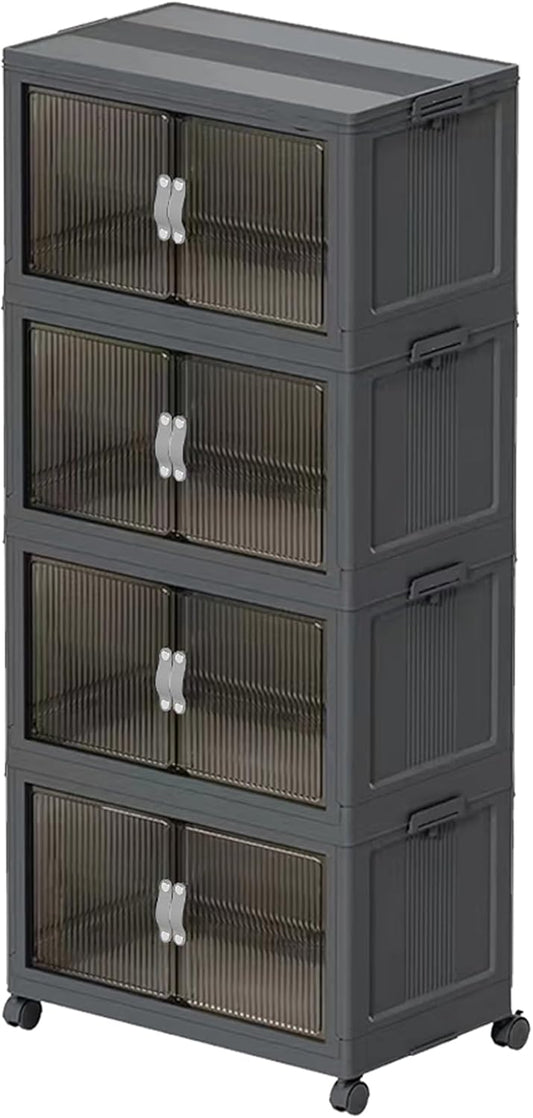 Stackable Storage Bins with Lid & Wheel, Folding Storage Cabinet with Door, Large Foldable Containers Plastic Collapsible Storage Boxes for Home, Pantry, Office (M, Gray 4-Tier)